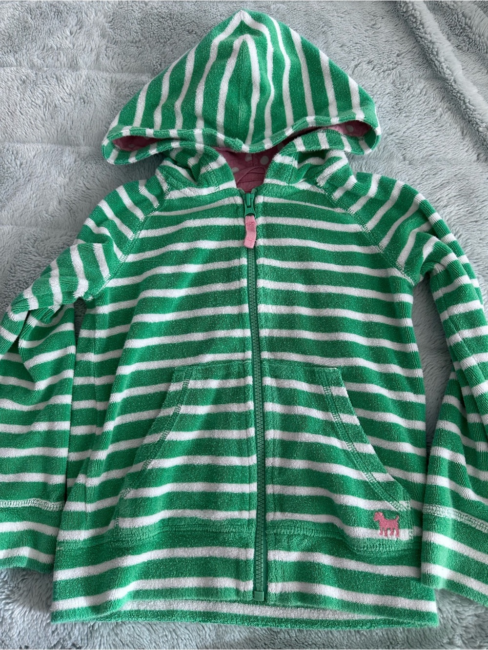 Mini Boden Green and White Striped Toweling Hooded Zip Sweater